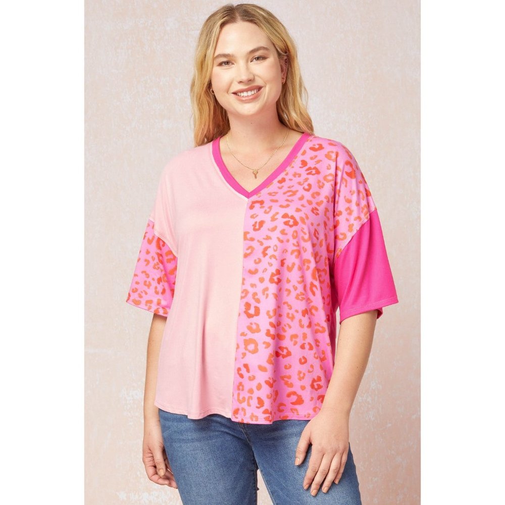 Entro Color Block Leopard Top, Pink - Picture 2 of 7